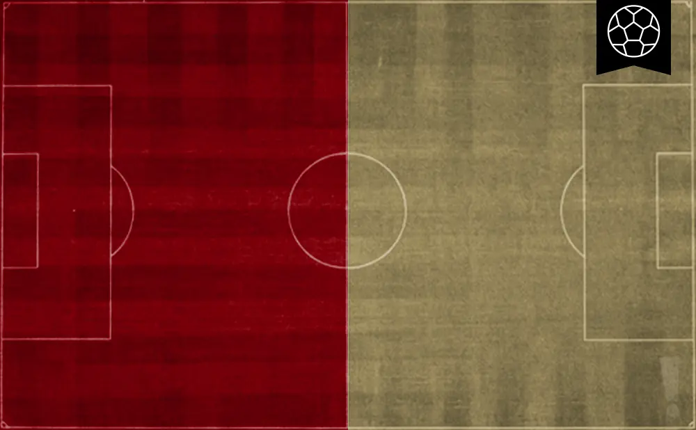 Soccer field split down the middle, red on the left, tan on the right. A soccer ball icon is in the top right corner.