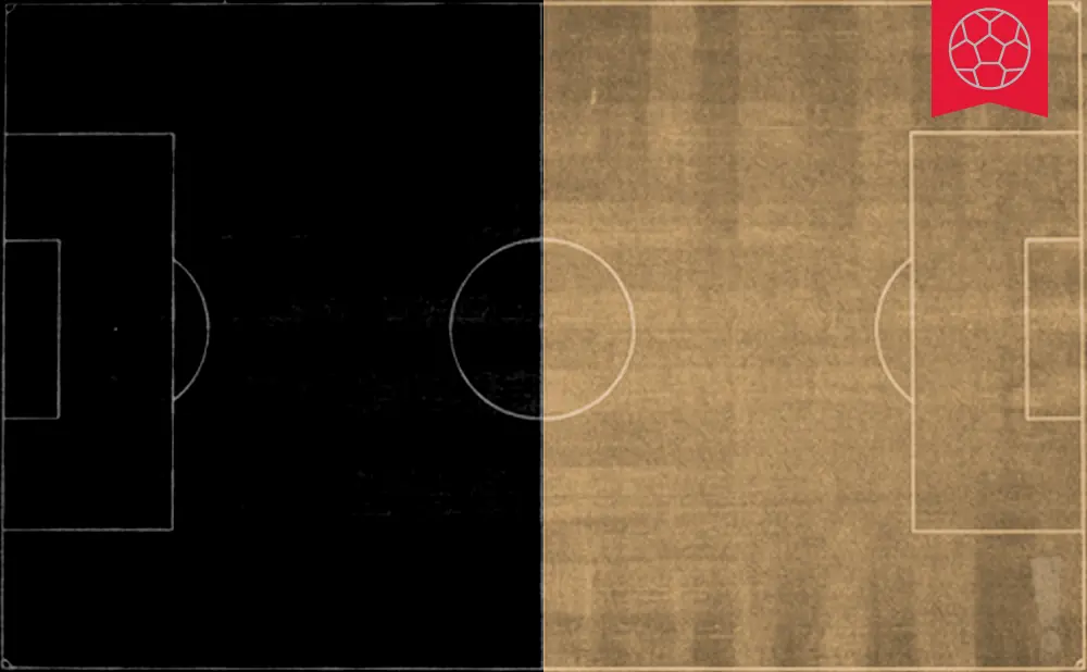A soccer field split down the middle, half black and half sepia-toned, with a red soccer ball emblem in the top right.