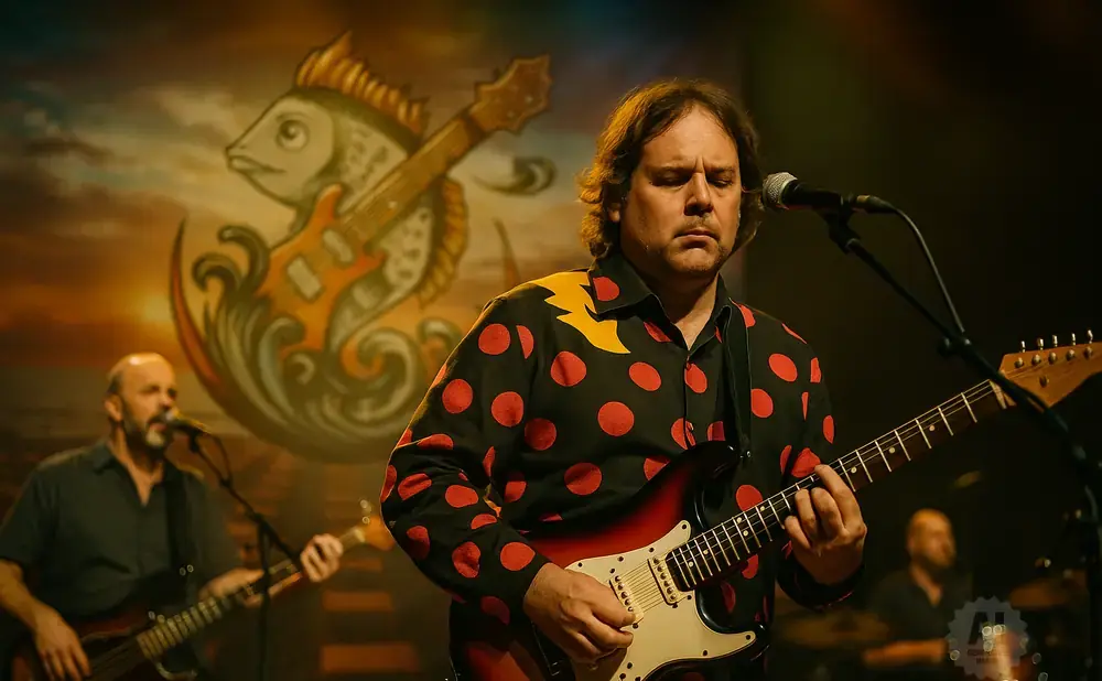 A band performs on stage, with a guitarist in a red polka-dot shirt and a bassist in the background.