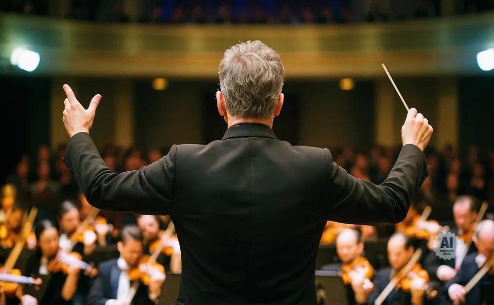 Conductor with arms outstretched leads an orchestra.