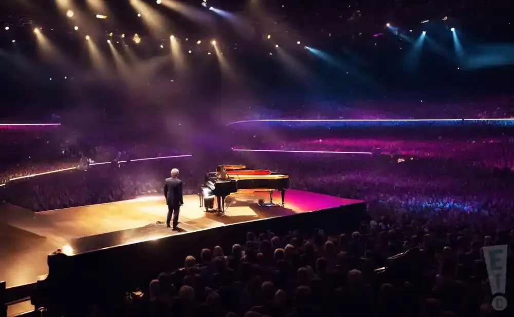 A man in a suit stands before a grand piano on a brightly lit stage, facing a large, dark audience.
