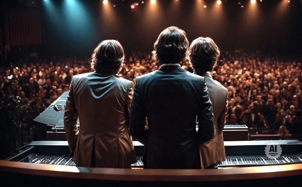 Back view of three men in suits on a stage, facing a large audience and a piano.