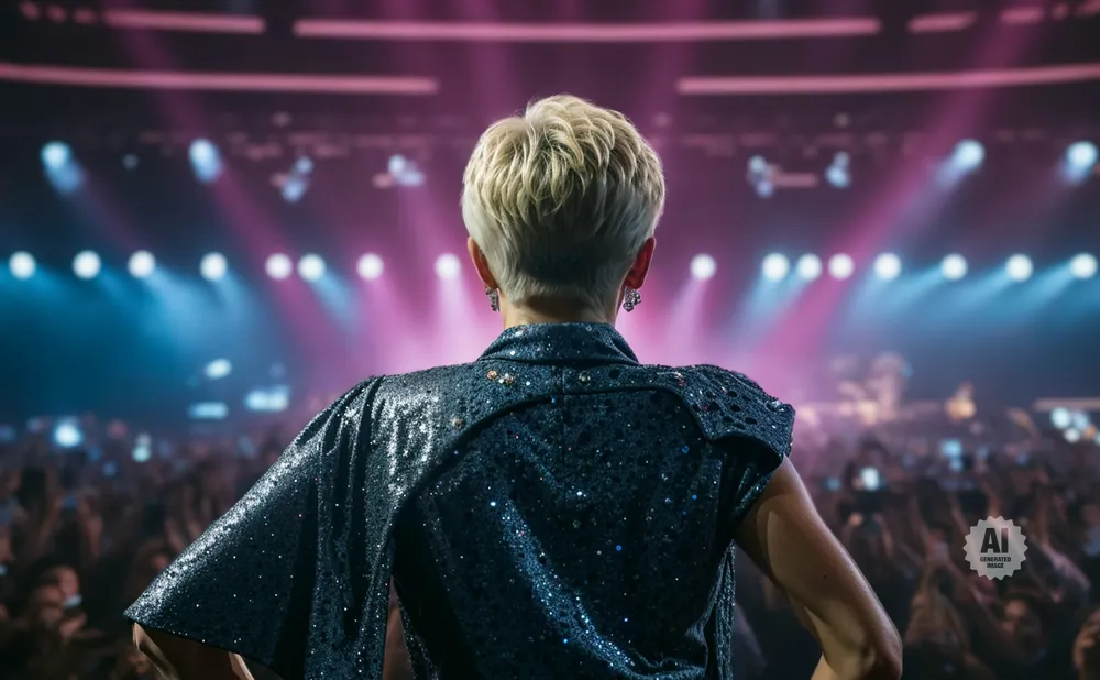 A woman in a sparkly blue outfit faces a cheering crowd on a stage lit by pink and blue lights.