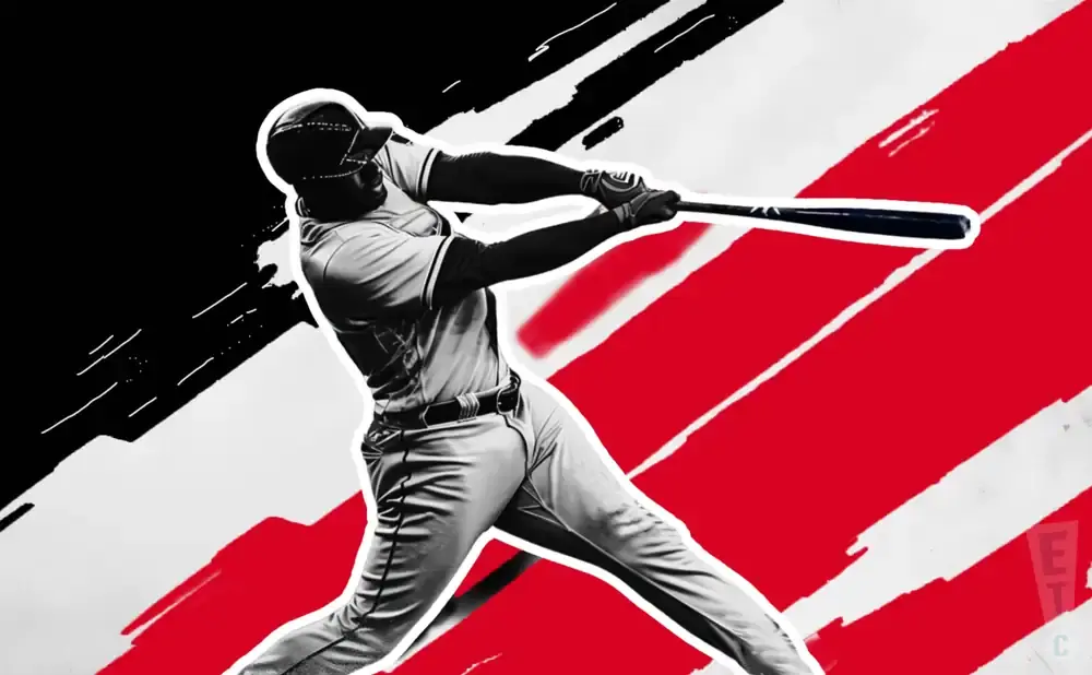 A baseball player swings a bat against a background of red and white stripes and black abstract shapes.