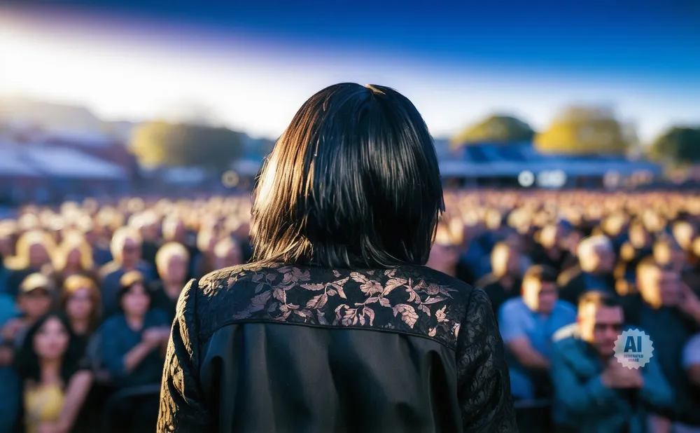 A person from behind, speaking to a large, blurred crowd outdoors at sunset.