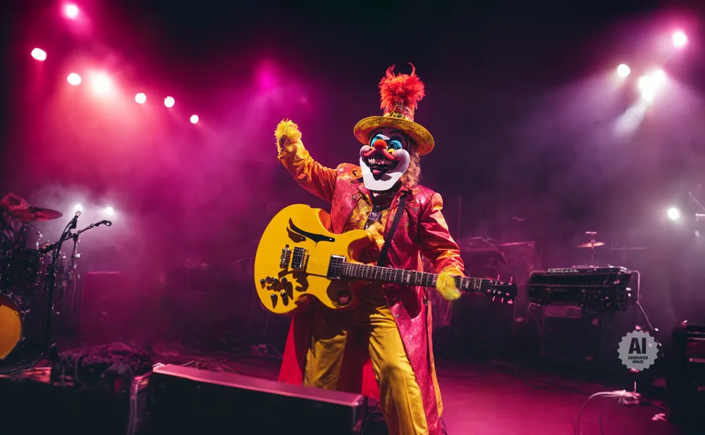 Clown playing a yellow guitar on a pink-lit stage.