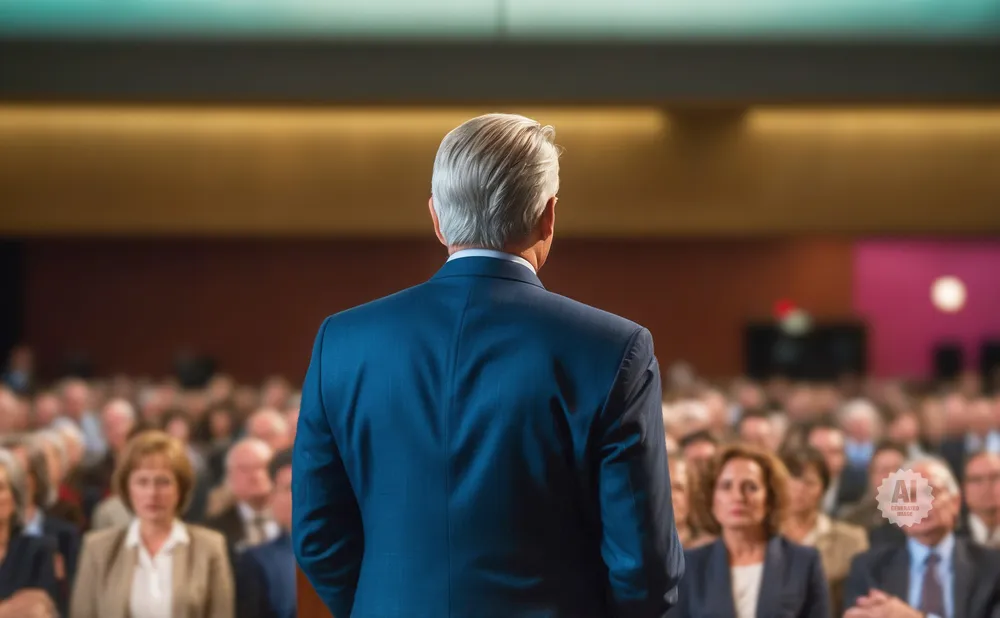 Man in a blue suit speaks to an audience in a large room.