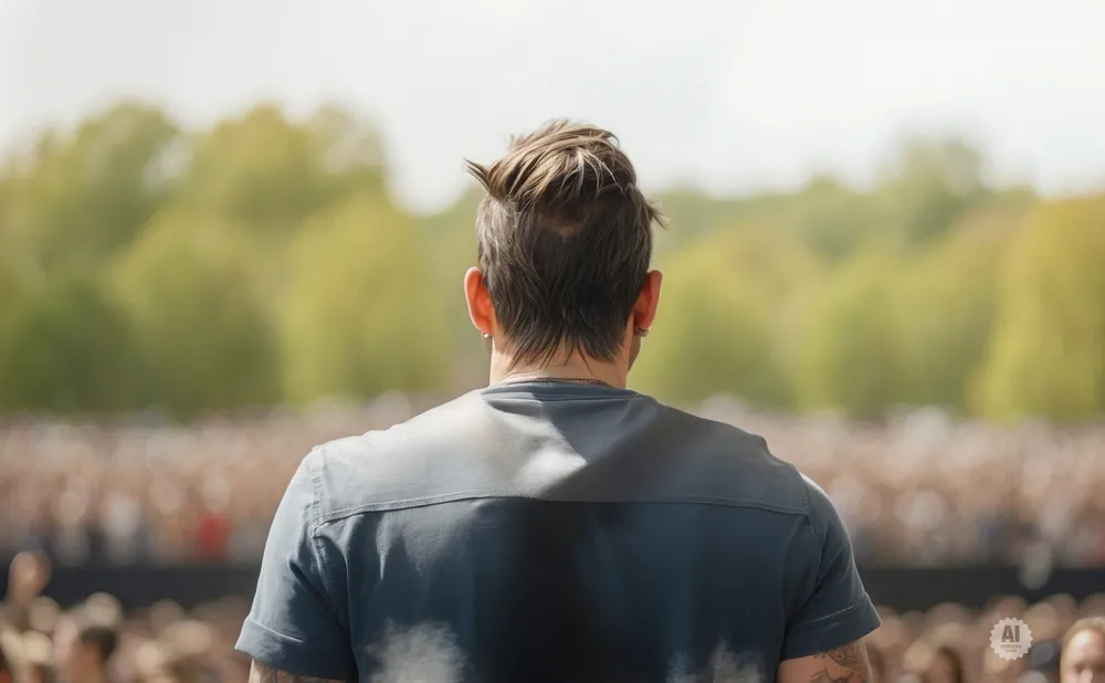 Back view of a man with messy hair standing before a blurred crowd and trees.