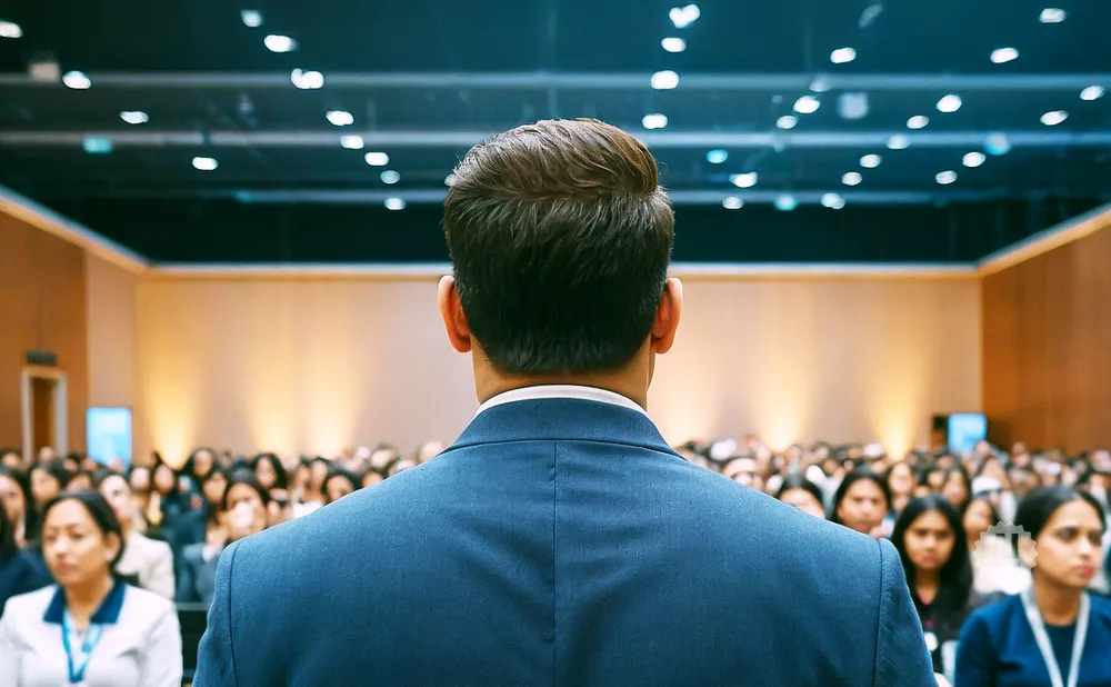 Back of a man in a blue suit speaking to a seated audience in a conference hall.