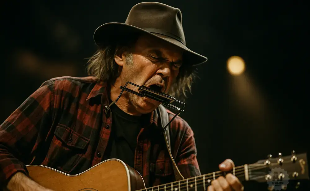 Neil Young in a hat and red plaid shirt plays guitar and harmonica.