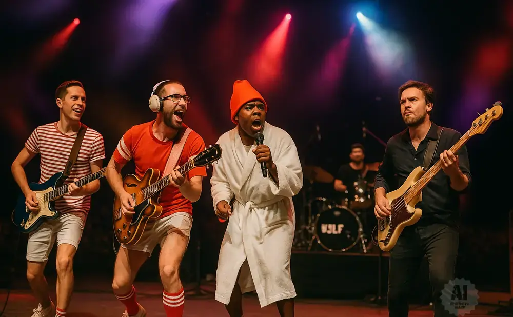 A band performs on stage with a singer in a bathrobe and an orange hat, flanked by guitarists and a bassist.