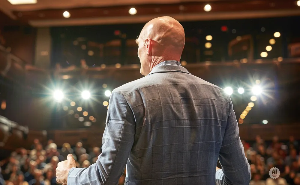 A bald man in a suit gives a thumbs-up on stage in front of a bright, blurry audience.
