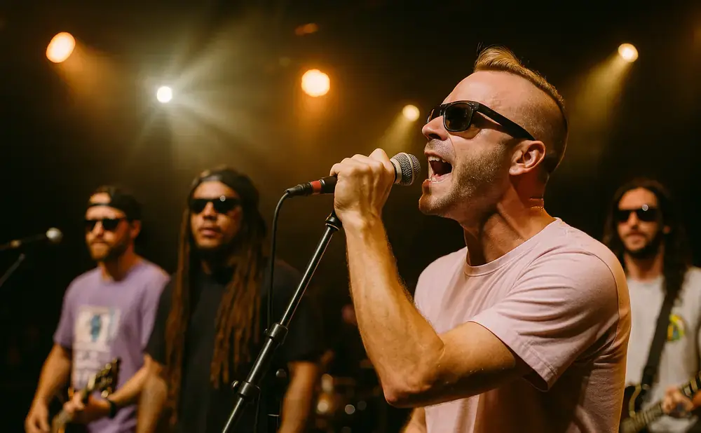 A male singer in sunglasses belts into a microphone on stage with his band.