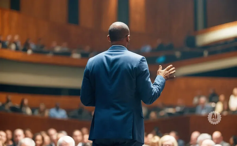 A man in a blue suit speaks to an audience in a conference hall.