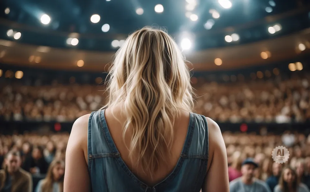 Back of a blonde woman on stage addressing a large, blurred audience.