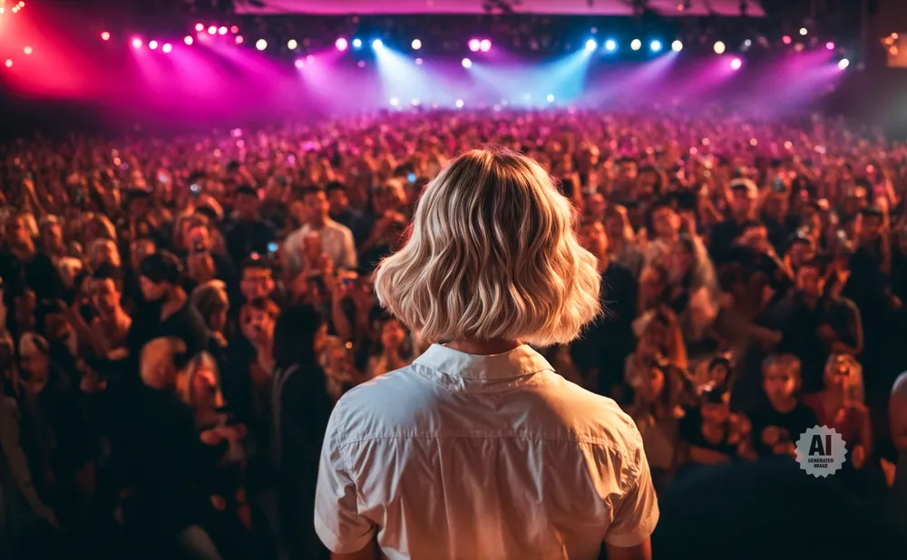 Blonde person in white shirt facing a large, cheering crowd at a concert with pink and blue stage lights.