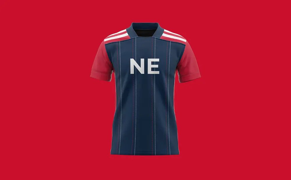 A navy blue and red soccer jersey with 