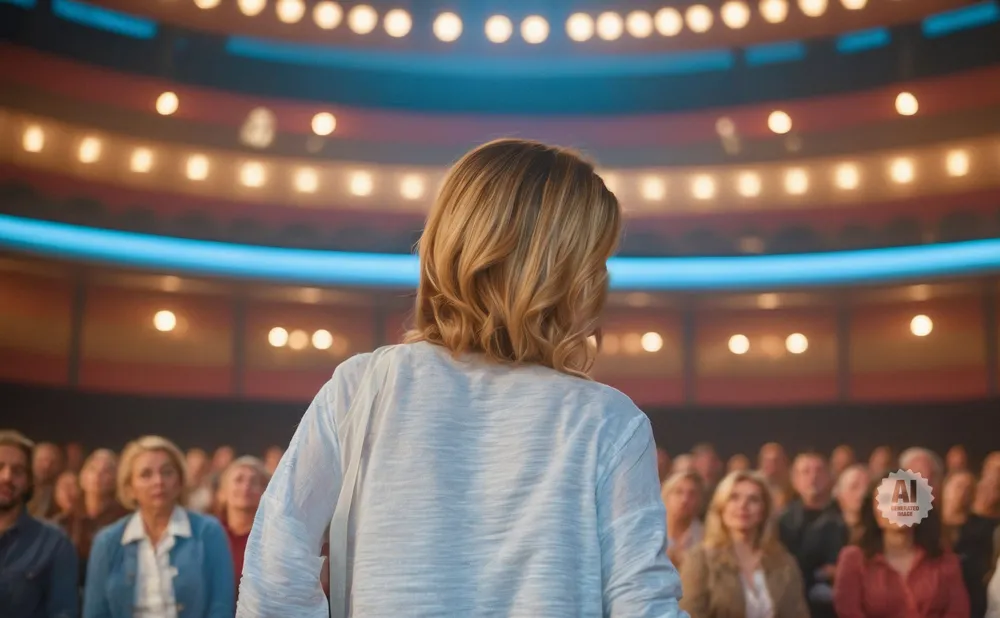 Woman in white shirt addresses a seated audience in an auditorium.