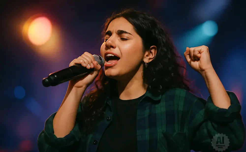 Young woman singing into a microphone, with one fist raised in the air, on a dimly lit stage.