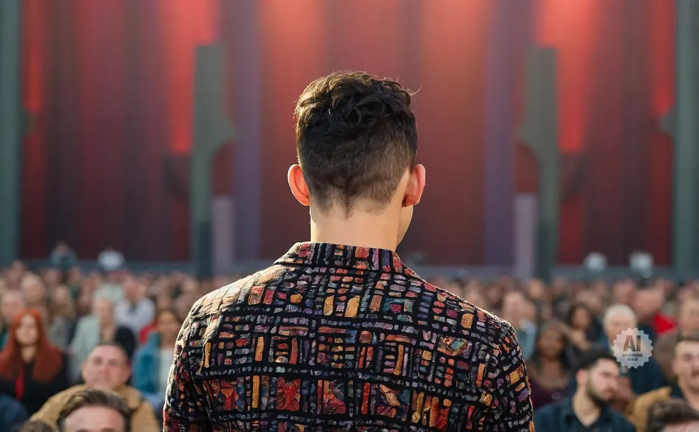 Back of a man in a patterned shirt facing a crowd at an outdoor event.