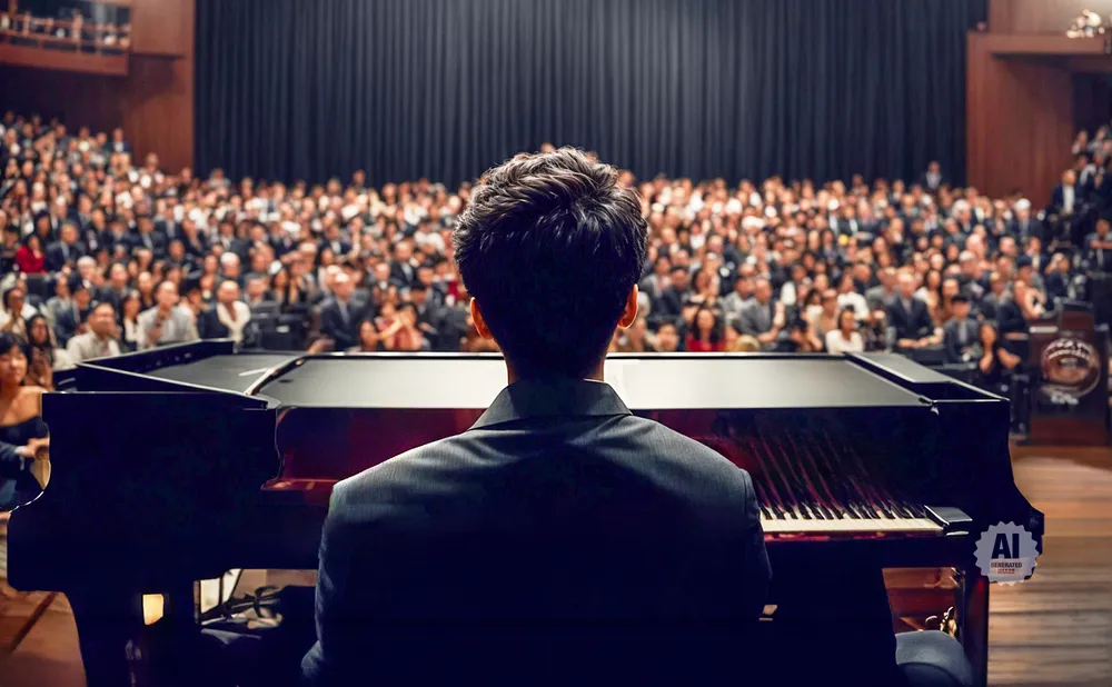 A pianist in a suit faces a large audience from behind a grand piano, with a blurred background.