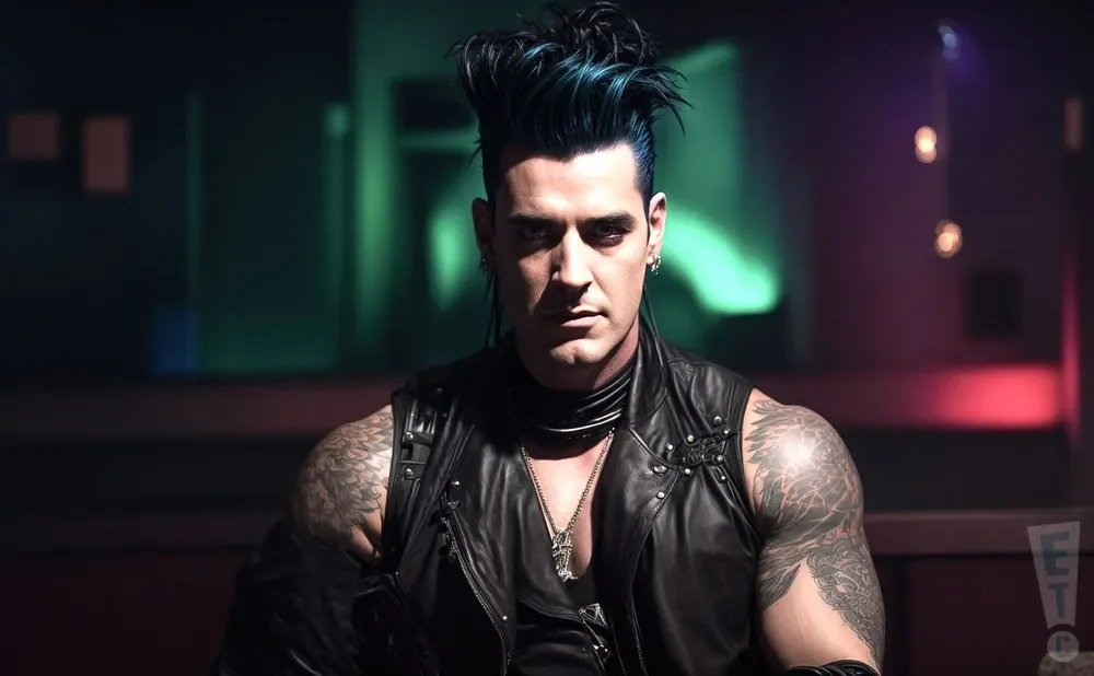 Man with spiky blue-black hair, tattoos, and a black leather vest and choker.