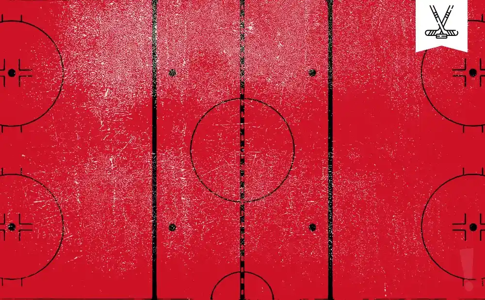 Red hockey rink with black lines and circles, and crossed hockey sticks icon in the upper right.