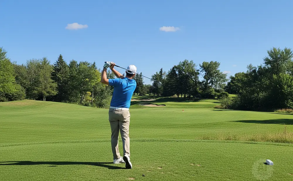 Golfer in blue shirt swings a club on a golf course with green grass and trees.