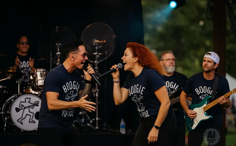 A band performs on stage, with two singers in the foreground and a guitarist and drummer in the background.