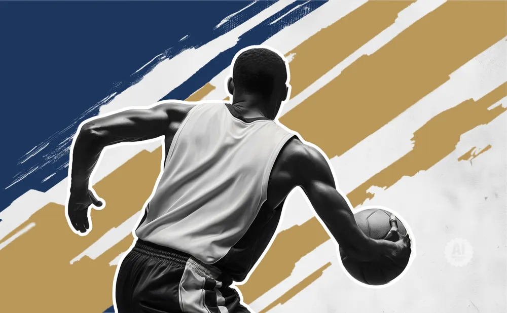 A basketball player dribbles a ball with a blue, gold, and white abstract background.