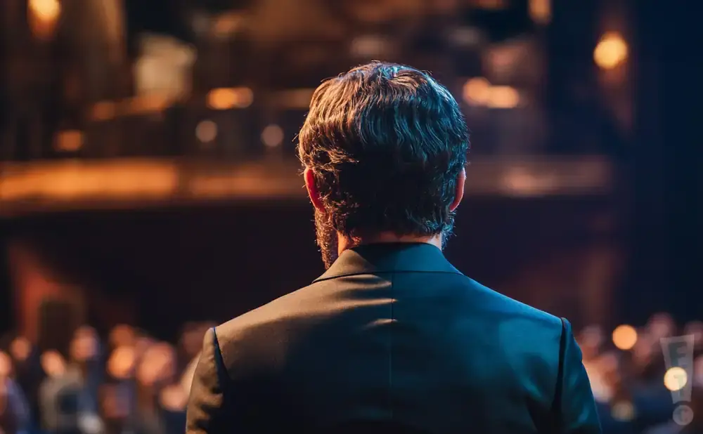 Man in a dark suit seen from behind, facing a blurred audience under stage lights.