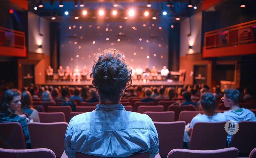 An audience watches a performance on stage in a theater, with spotlights and bokeh effects in the background.