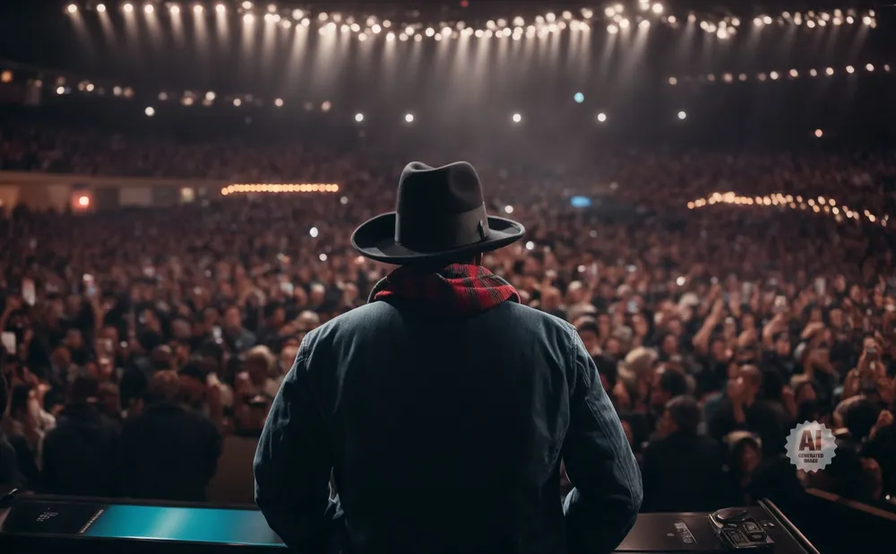 Man in a hat and jacket on stage facing a large, cheering audience.