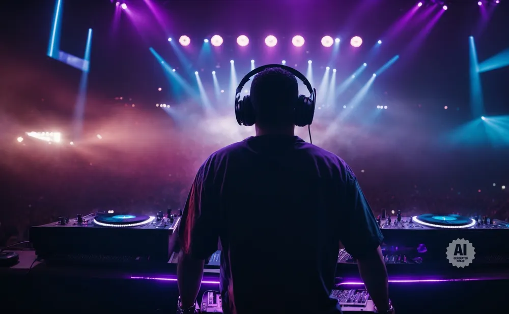 A DJ wearing headphones plays a set on turntables in front of a vibrant, smoky concert stage with purple and blue lights.