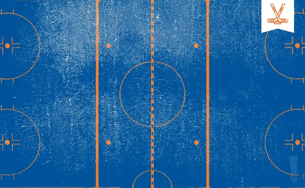 An abstract, textured graphic of a blue hockey rink with orange lines and markings.
