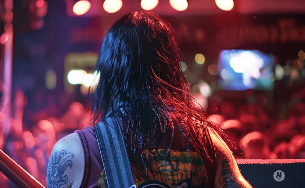 A person with long, dark hair performs on a stage with red and blue lights.