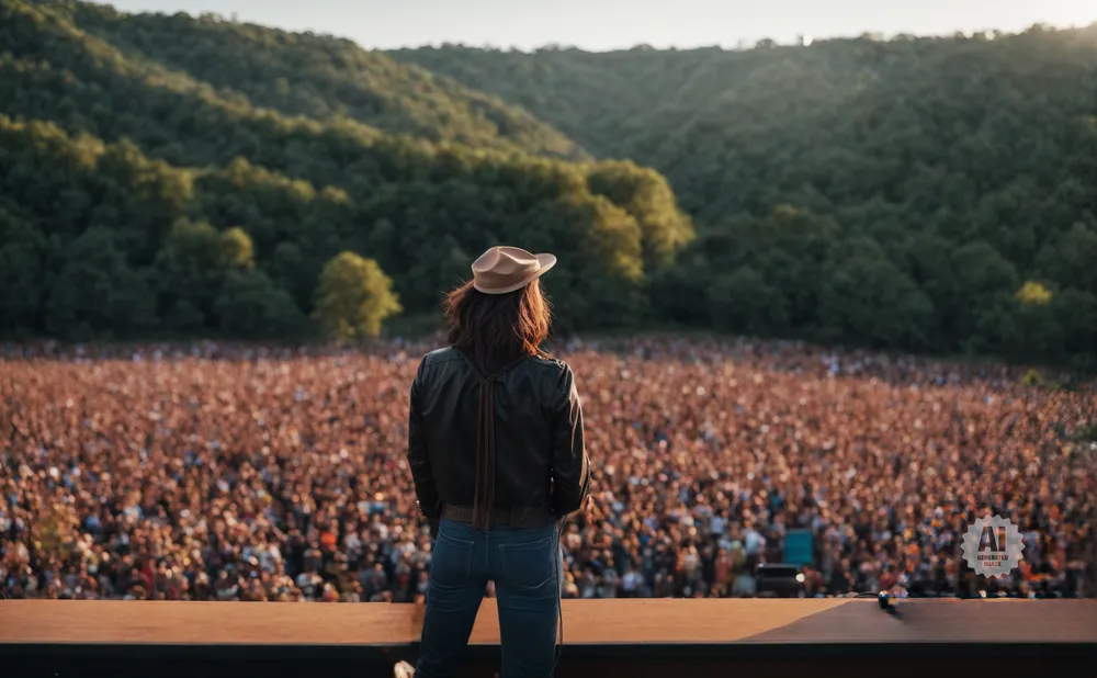 A person in a cowboy hat stands on stage, looking out at a large crowd at an outdoor concert.