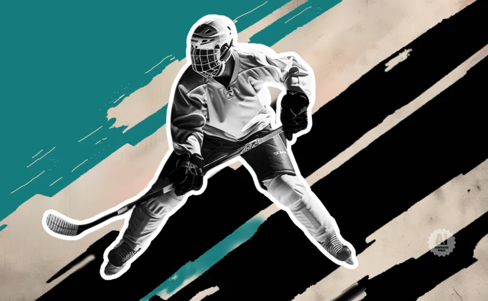 A black and white image of a hockey player in full gear in a dynamic pose.