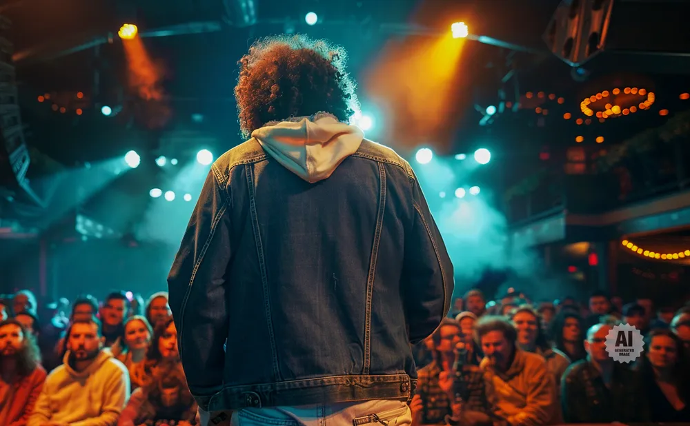 A performer with an afro stands on stage with their back to the audience, illuminated by blue and orange lights.