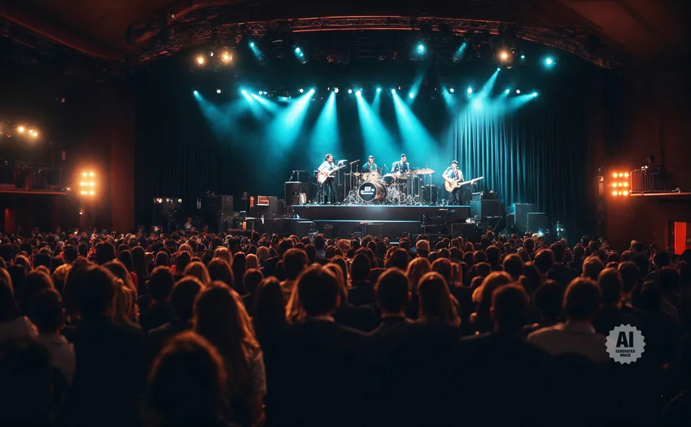 A band performs on stage with bright blue lights, while a large audience watches from the dark.
