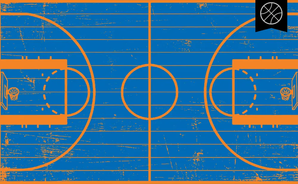 A distressed blue basketball court with orange lines and hoops.