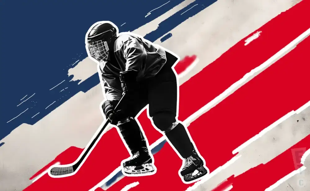 A black and white hockey player is silhouetted against a red, white, and blue abstract background.