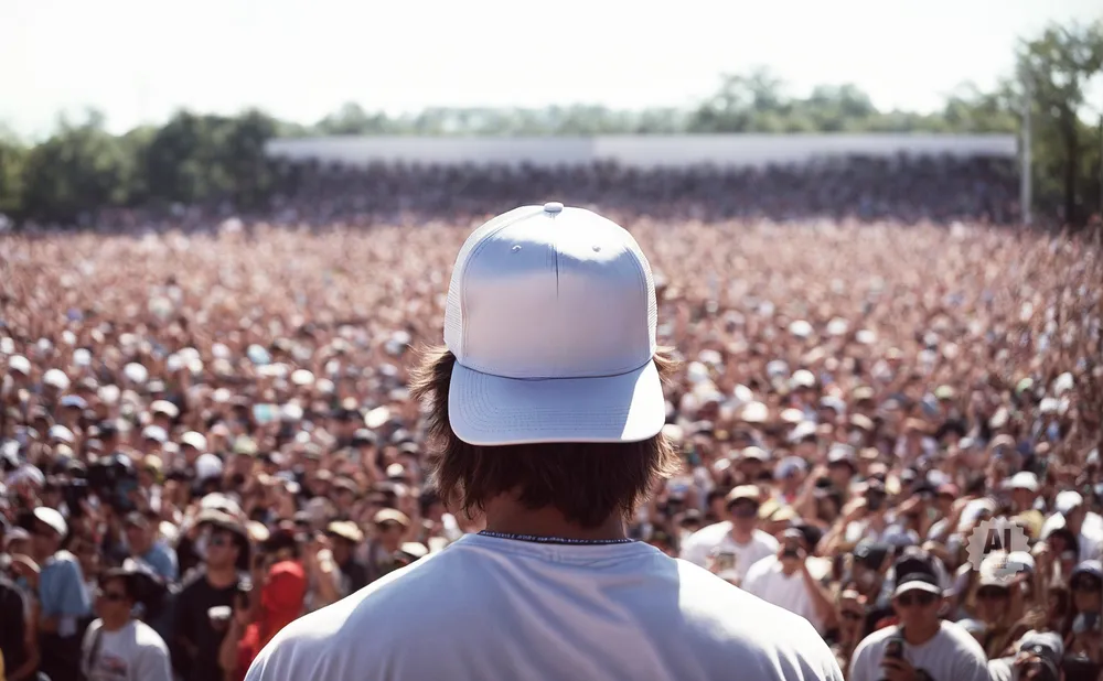 A person in a white baseball cap faces a massive, blurred crowd at an outdoor event.