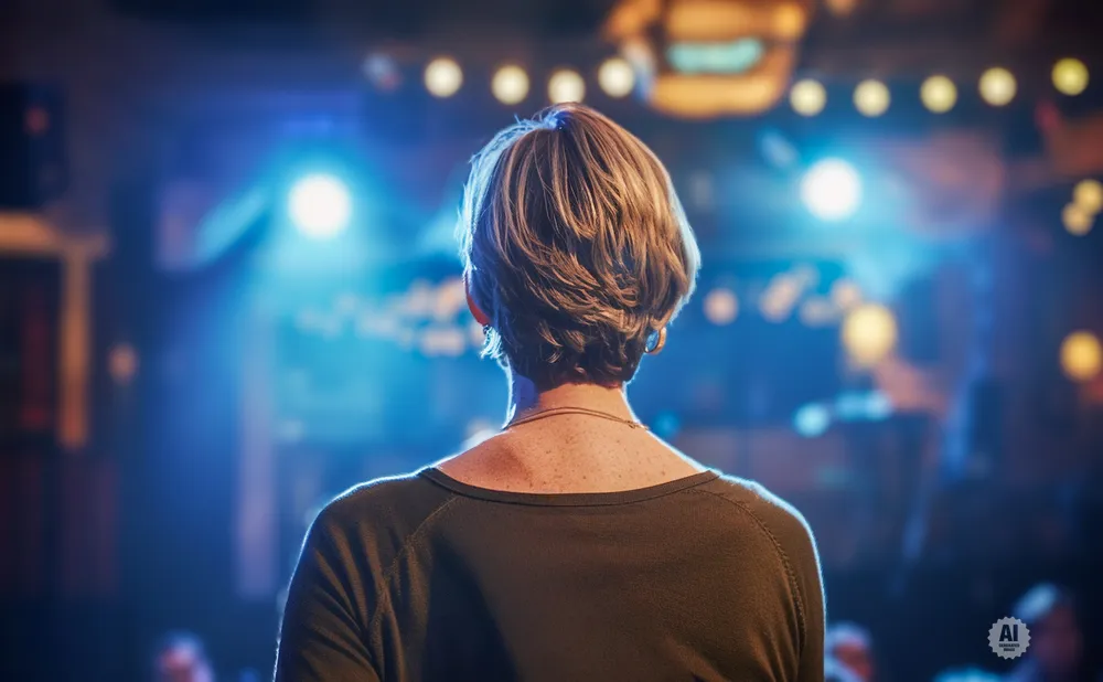Back view of a woman with short hair facing a stage with blue lights and bokeh effects.
