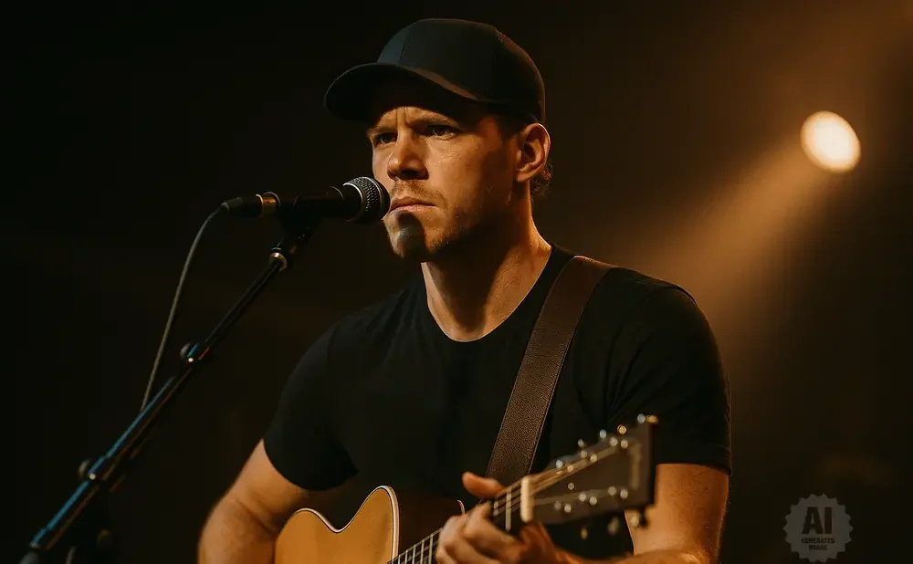 Man wearing a black cap and t-shirt plays an acoustic guitar and sings into a microphone.