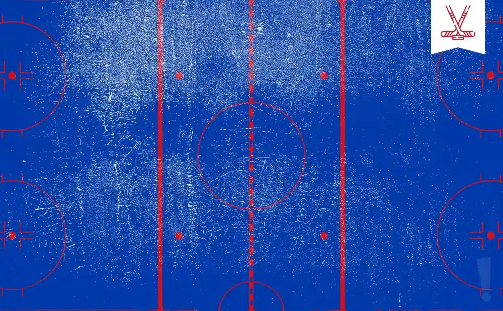An abstract, textured blue hockey rink with red lines and circles, and a small icon of crossed hockey sticks.