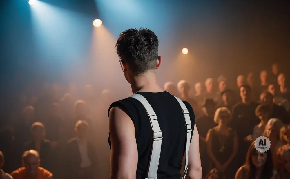 Man in black shirt with suspenders faces a crowd under stage lights.