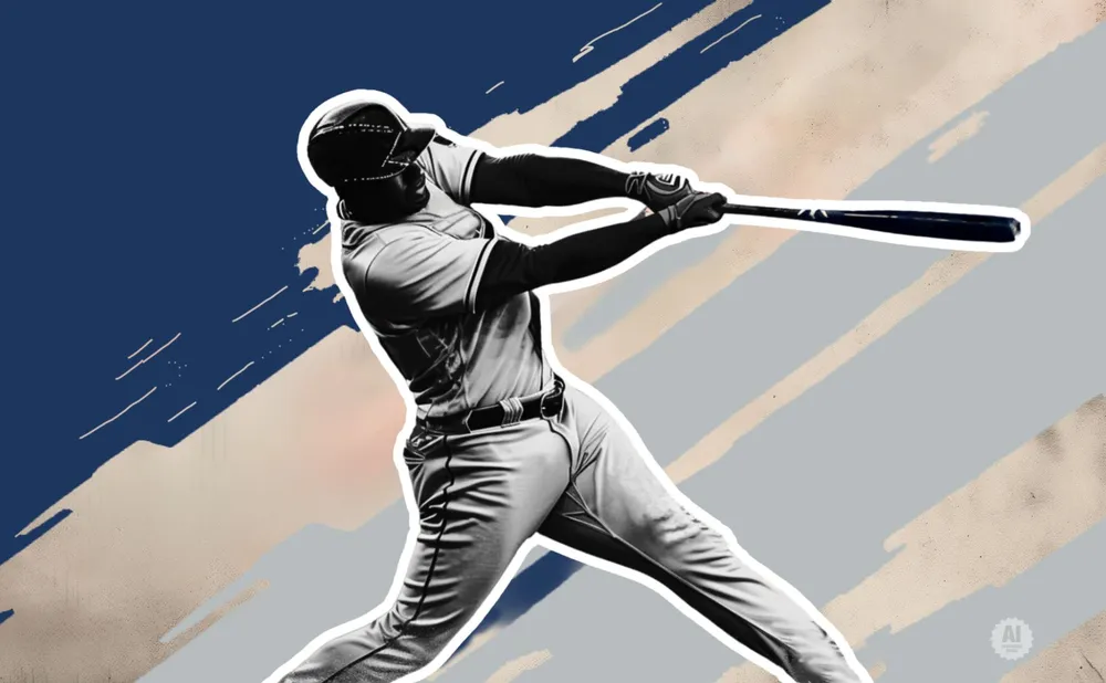 A baseball player swings a bat against a textured background with bold strokes of blue, tan, and gray.