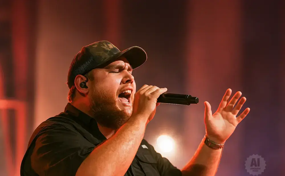 A man wearing a camo trucker hat sings into a microphone with his eyes closed and one hand raised.