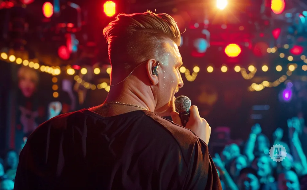 A singer with glitter on his face sings into a microphone on a stage lit by red and yellow lights.